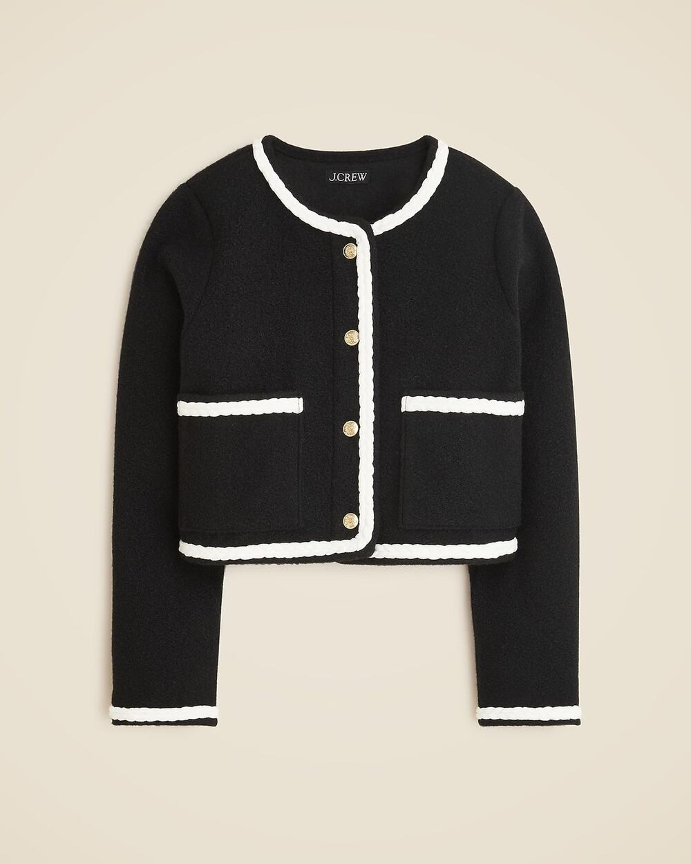NWT J.Crew Cropped Bouclé Lady Jacket XL Black Contrast Trim Gold Buttons